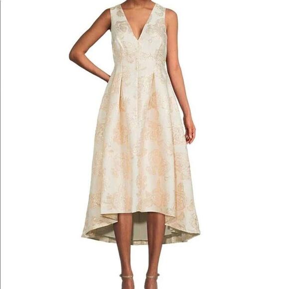 NWOT ELIZA J JACQUARD V NECK SLEEVELESS PLEATED HIGH LOW‎ DRESS SIZE 4P - Picture 1 of 8